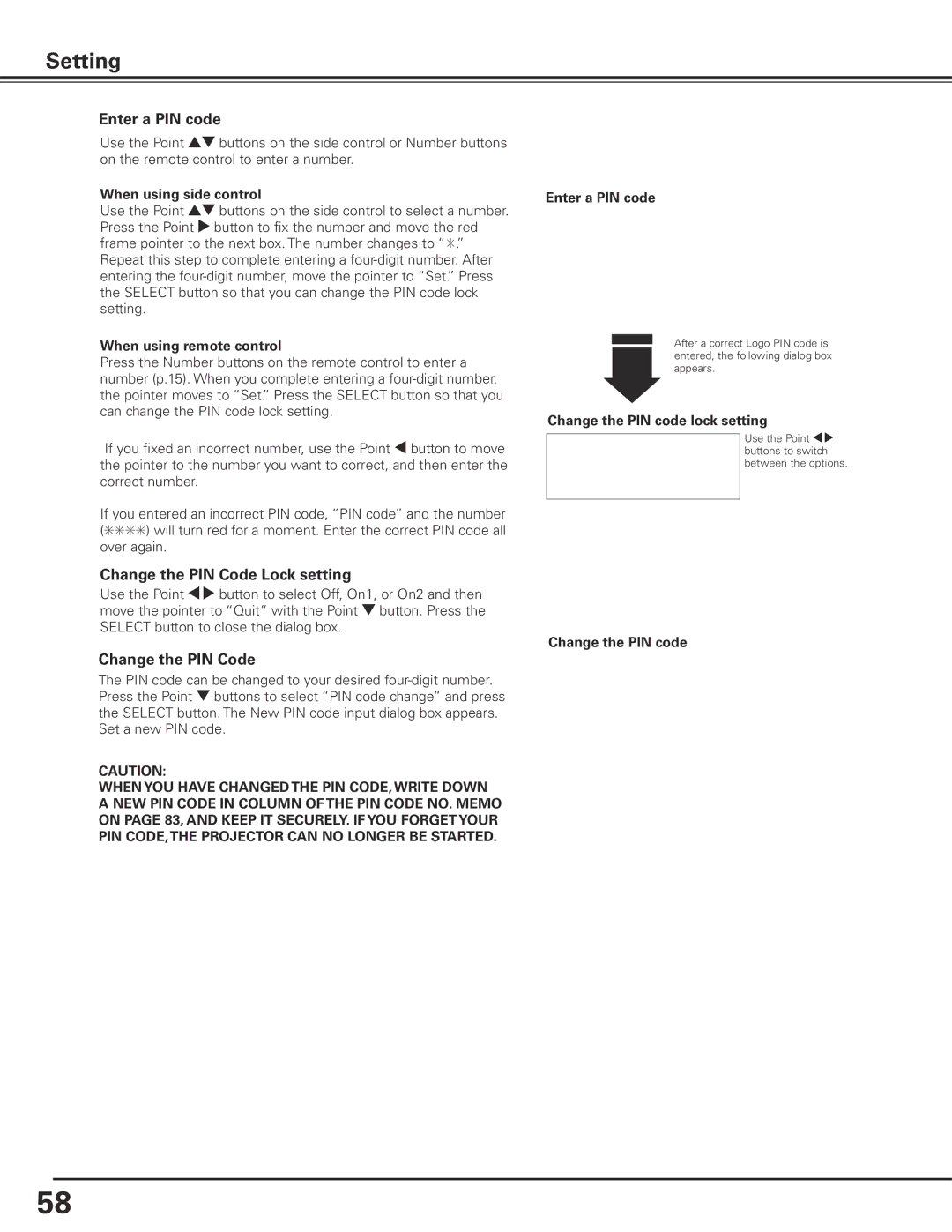 Sanyo PLC-XP200L owner manual Change the PIN Code Lock setting, Change the PIN code lock setting 